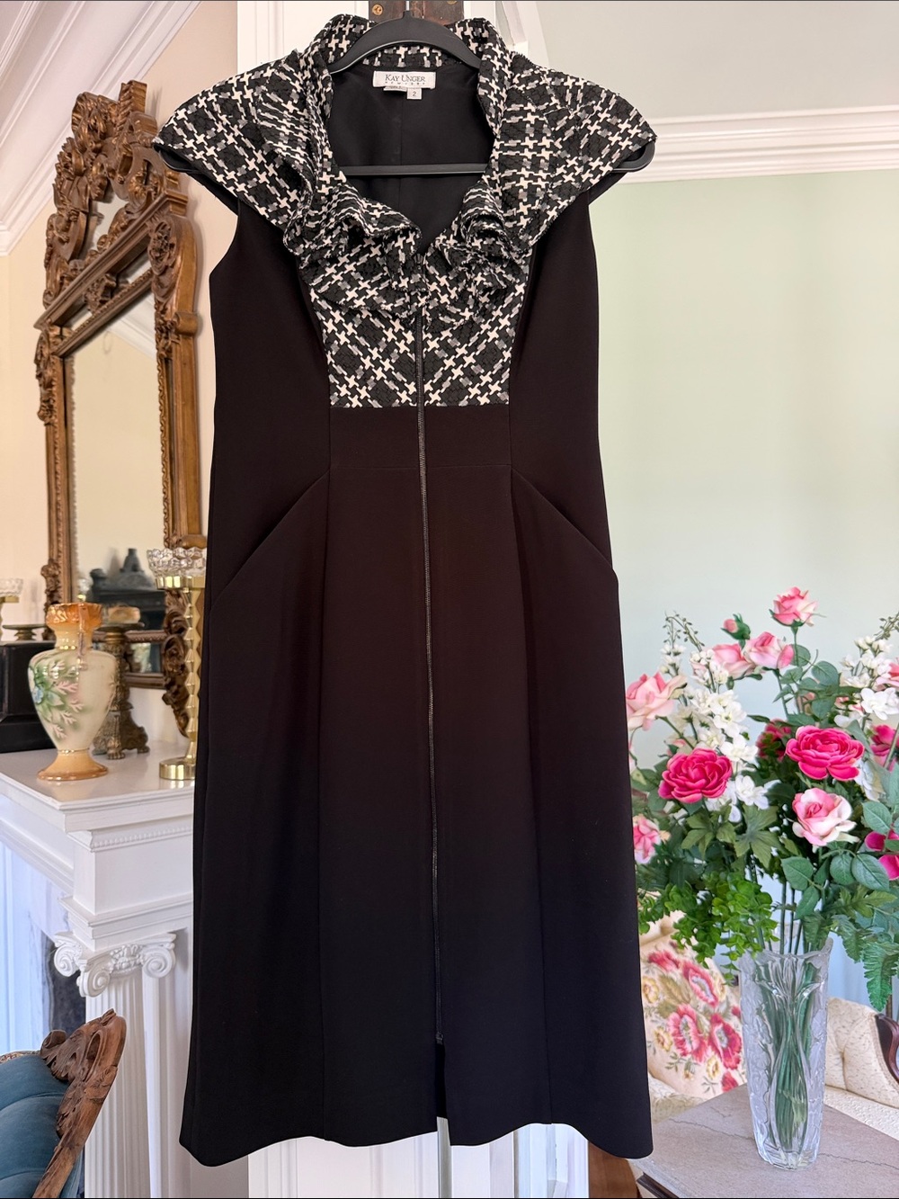 Kay Ungee Black Dress with Black-and-White Houndstooth Collar, size 2